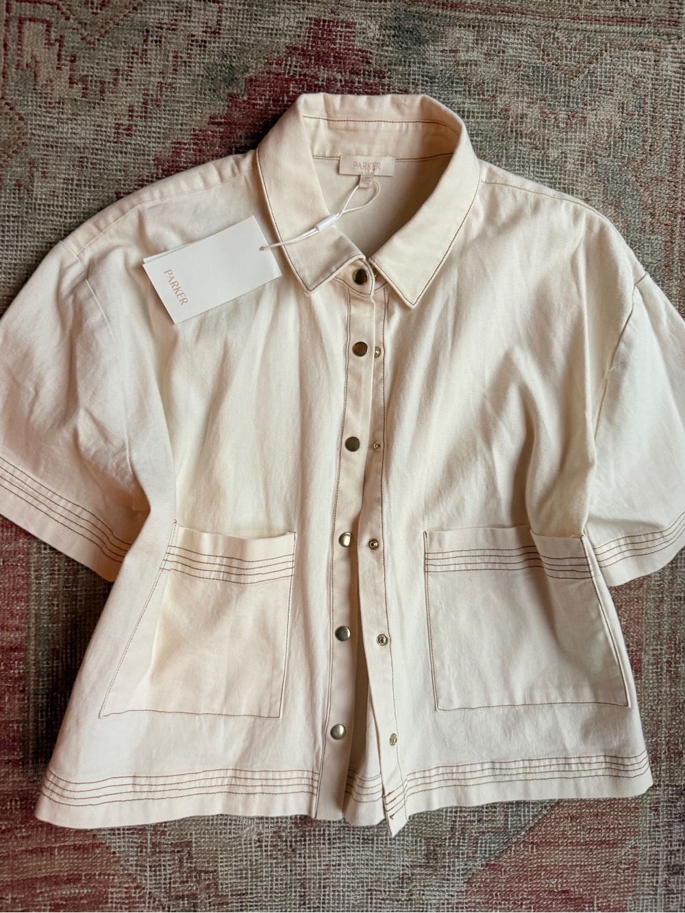 Parker Cream Short-Sleeve Button-Front Shirt with Contrast Topstitch